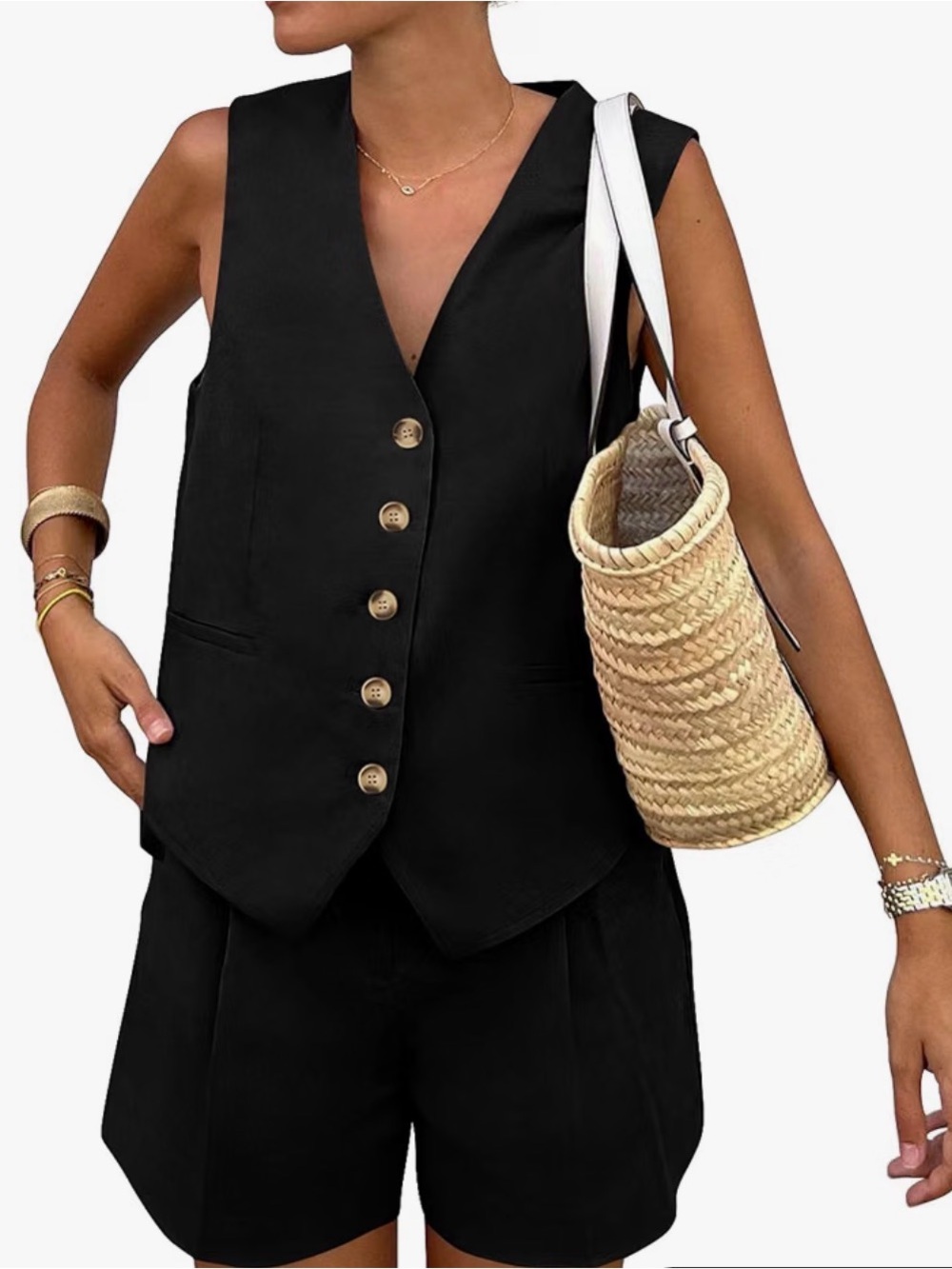 Black Sleeveless Button-Front Shorts Set - Timeless Summer Tailoring